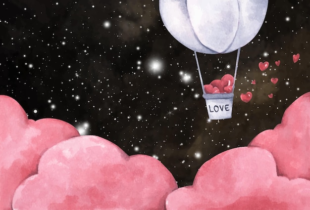 Romantic illustration. hot air balloon with heart flying in the night sky. illustration of love and valentine day. watercolor illustration.