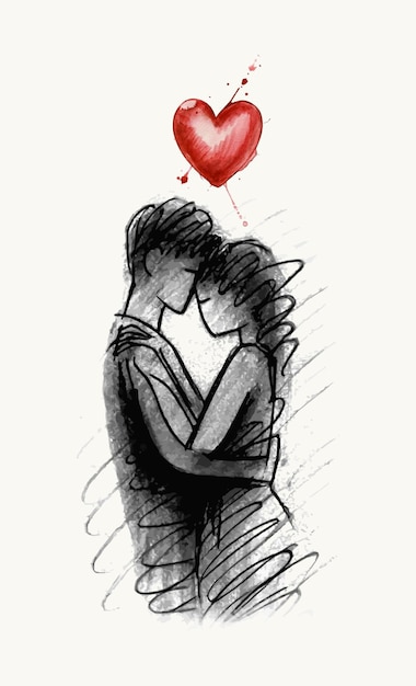 赤い心を持つ恋人カップルのロマンチックなイラスト
