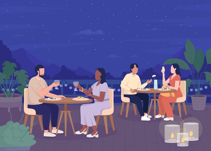 Vector romantic intimate dinner at resort flat color vector illustration