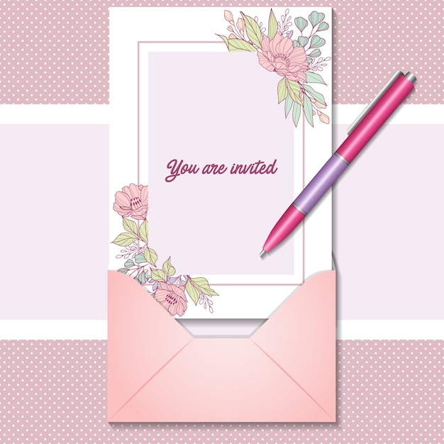 Романтическая пригласительная открытка с реалистичной ручкой и конвертом