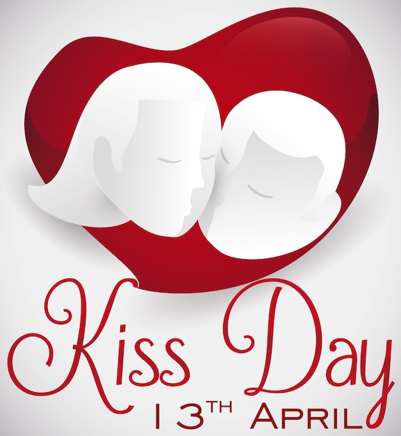 Vector romantic kiss of a couple showing their love over a red heart shape for international kiss day