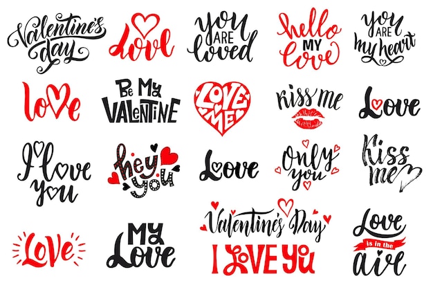 Set di lettere romantiche. scritto a mano in bianco e nero scritte sull'amore per il poster di design di san valentino, calligrafia.