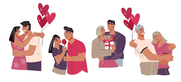 Romantic love couples of various ages set flat vector illustration isolated