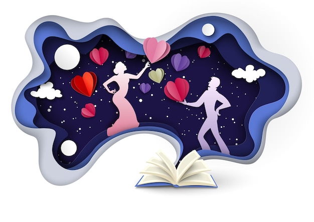 Romantic love story book papercut vector illustration