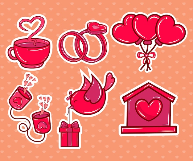 Vector romantic lovely valentines day  cartoon style stickers set sticker