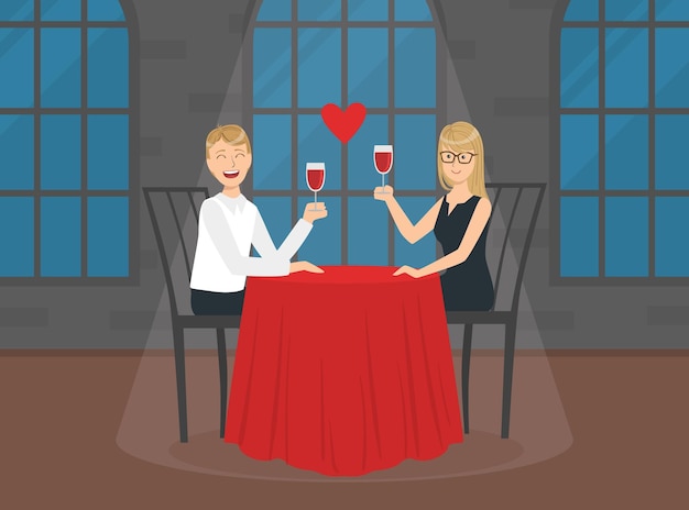 ベクトル レストランやカフェに座っているロマンチックな恋人カップルロマンティックなデートで幸せな若い男と女ベクトルイラスト