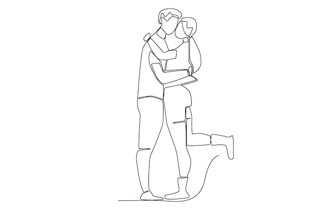 A romantic man and his beautiful girlfriend kissing outdoors one line art