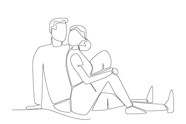 A romantic man and his beautiful girlfriend sitting outdoor one line art