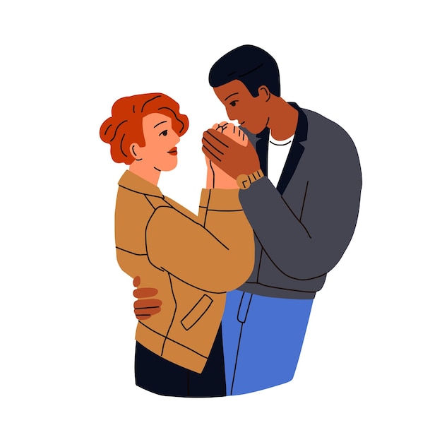 Vector romantic man and woman in love. enamored biracial happy couple of valentines. affectionate tender boyfriend kissing hands of girlfriend. flat graphic vector illustration isolated on white background.