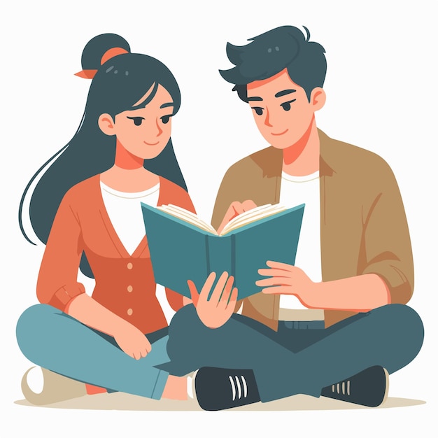 Vector romantic man and woman reading a book together in a flat design illustration