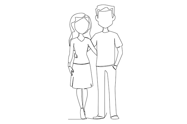 Romantic man and woman standing while hugging one line art