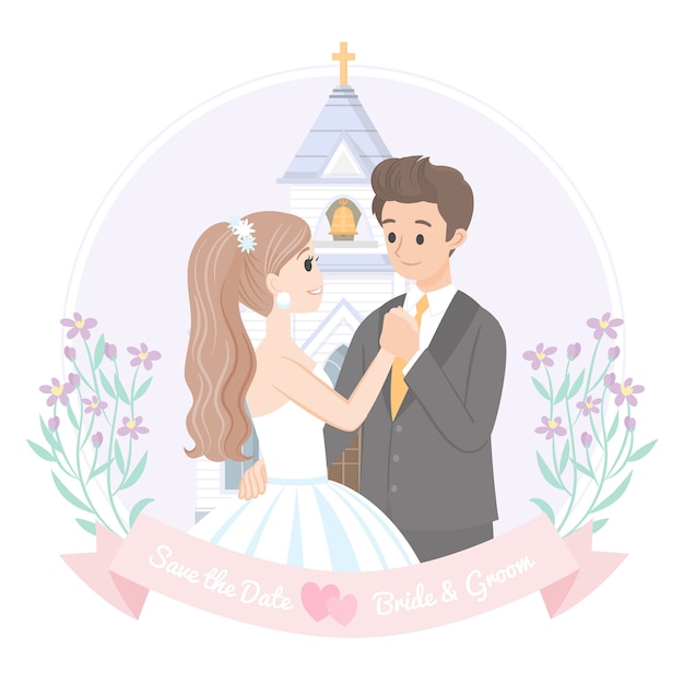 Vector romantic marriage dancing with church
