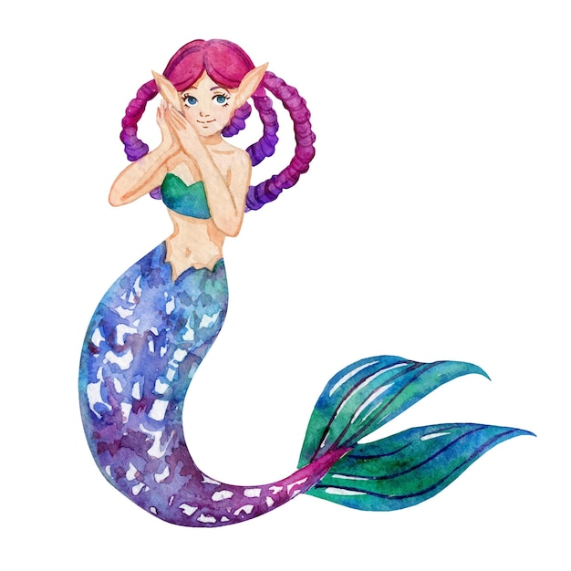 Clipart di vettore dell'acquerello del personaggio dei cartoni animati della sirena romantica isolata su priorità bassa bianca