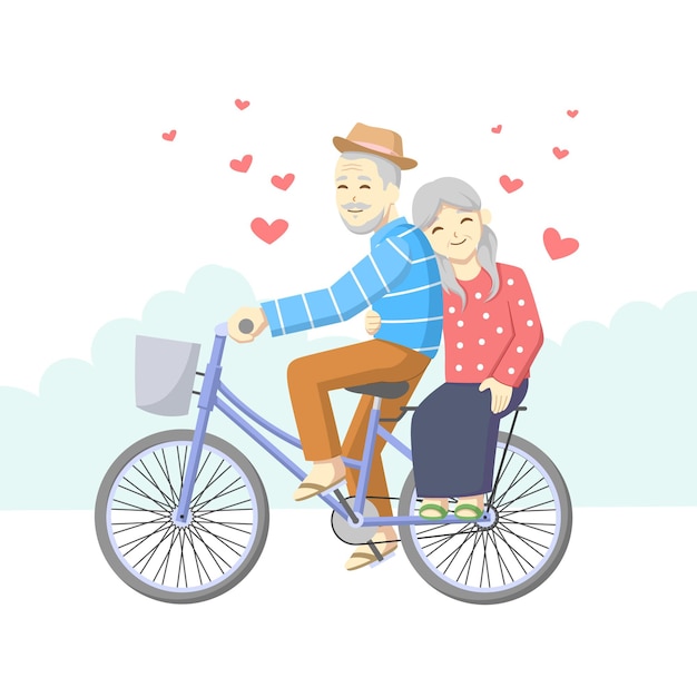 romantic old couple is riding a bicycle