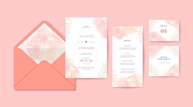 Romantic orange and pink watercolor wedding invitation template