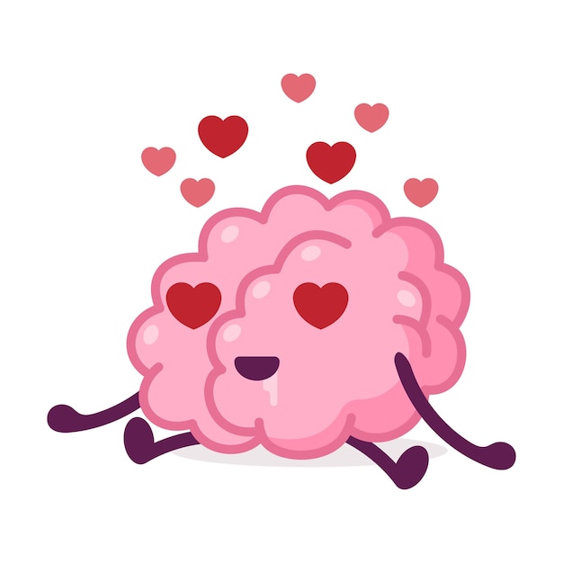 Vector romantic pink brain with heart shaped eyes funny human nervous system organ cartoon character vector