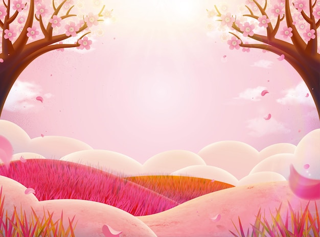Vector romantic pink nature scenery with plum flowers and sunshine effect