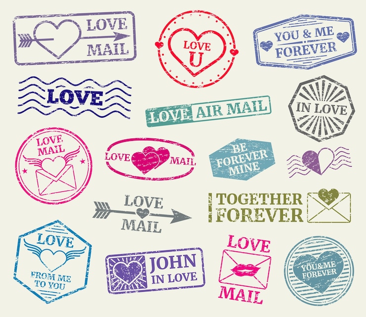 Vector romantic postage stamp for valentines day card, love letters. set of rubber seal for love mail. vect