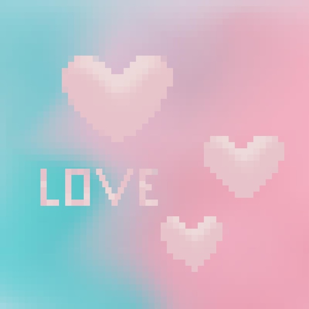 Romantic poster with abstract pixel hearts and word LOVE Vector illustration o