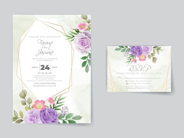 ロマンチックな紫色のバラの結婚式の招待カード