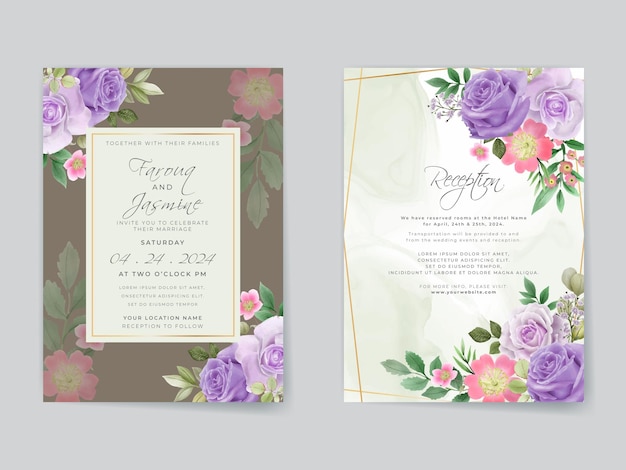 Romantic purple roses wedding invitation card