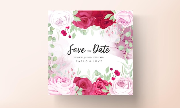 アルコールインクの背景を持つロマンチックな赤とピンクの花の結婚式の招待状のテンプレート