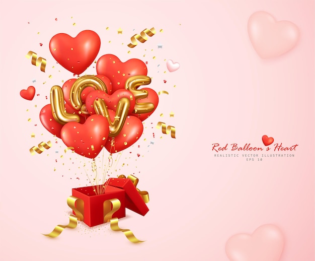 Романтические красные шары в форме сердца и письма о любви отскакивают от подарочной коробки