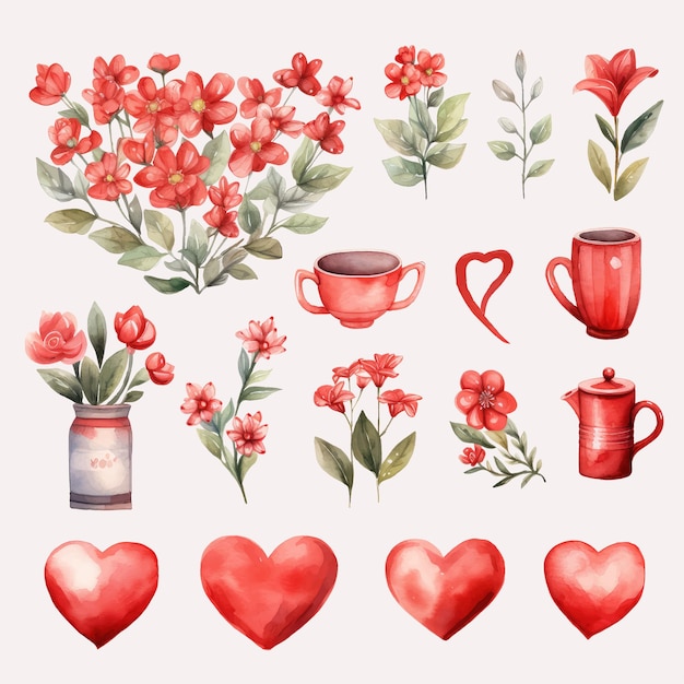 Vector romantic red flower watercolor clipart