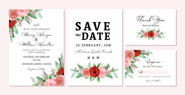 Romantic Red And Pink Rustic Floral Wedding Invitation Set