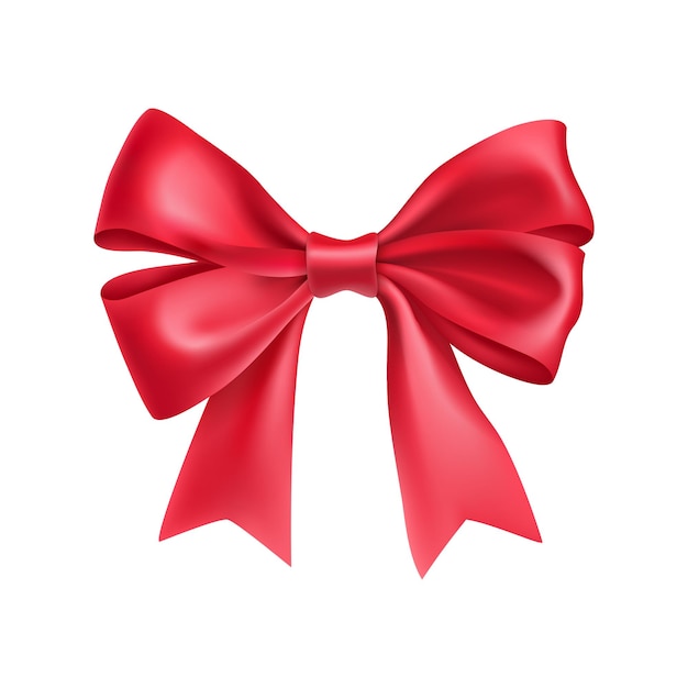 Romantic red ribbon bow isolated on white background Realistic decoration for holidays events Glossy decor object from satin vector illustration Christmas or birthday decoration element