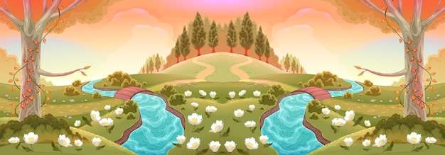 Romantic scenery with rivers and flowers. Vector landscape illustration