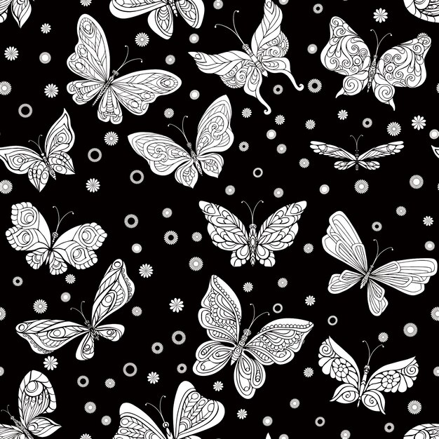 Romantic seamless pattern with butterflies and flowers in black and white