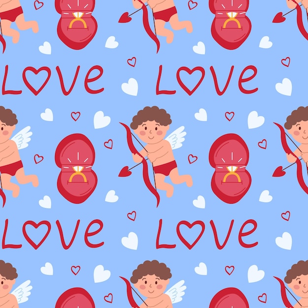 Romantic seamless pattern with cupid, ring in gift box, hearts and word love