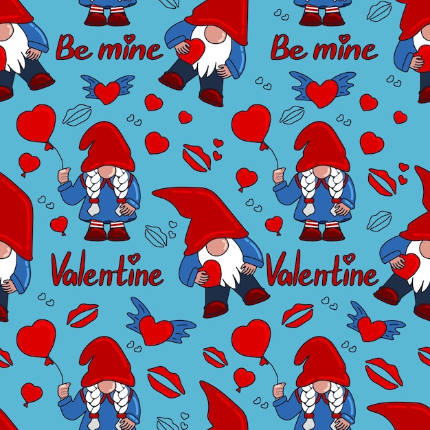 Romantic seamless pattern with gnomes and hearts  on blue background