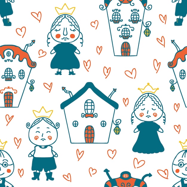 Romantic seamless pattern with princes princesses and hearts Perfect print for tee paper fabric textile Hand drawn vector illustration for decor and design