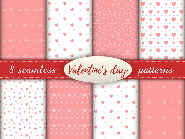 Romantic seamless patterns with a heart. Happy Valentine s Day. Set of 8 patterns with a pink and white hearts, dots and stars on a white and pink background.