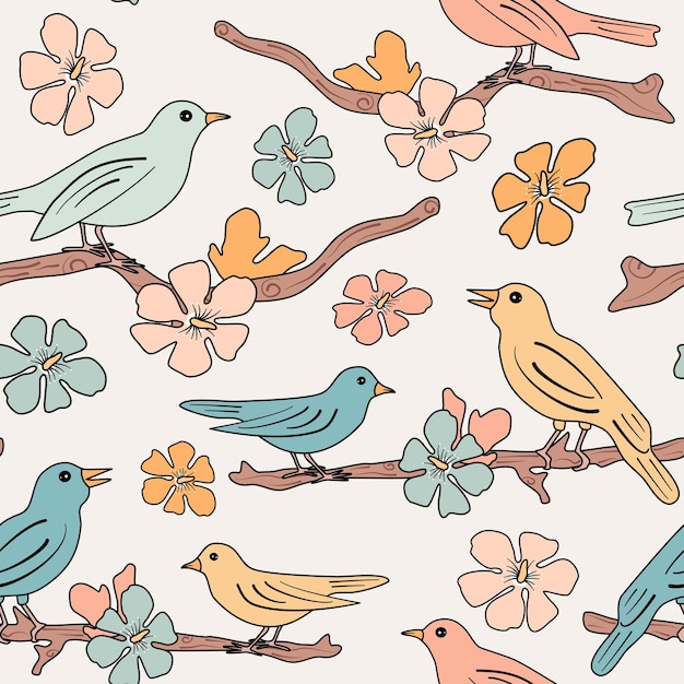 Romantic seamless vector pattern illustration with pastel birds on tree branches