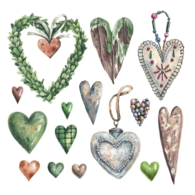 Romantic set of hand-drawn hearts in vintage style.