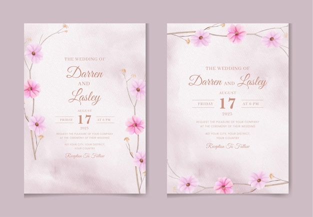 꽃 잎과 꽃이 있는 낭만적인 수채화 결혼식 초대 카드 템플릿 세트