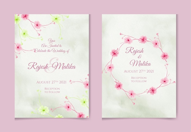 Романтический набор акварельных свадебных пригласительных билетов с цветочными листьями и цветами
