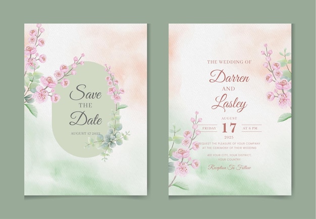 Romantic set of watercolor wedding invitation card template with floral leaves and flowers