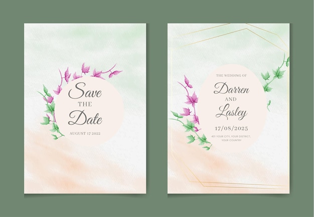 Romantic set of watercolor wedding invitation card template with floral leaves and flowers