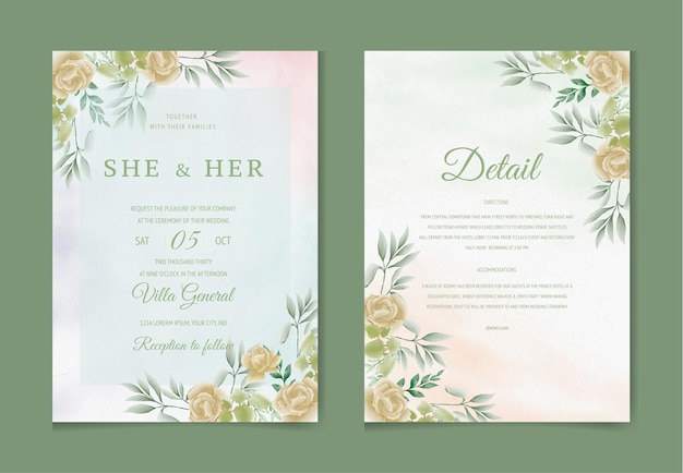 Insieme romantico del modello della carta dell'invito di nozze dell'acquerello con foglie e fiori floreali