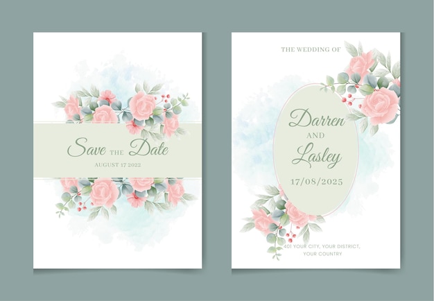 Romantic set of watercolor wedding invitation card template with floral leaves and flowers