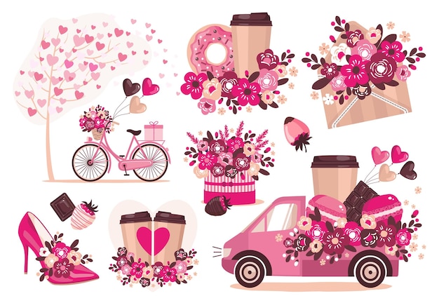 Un set romantico con fiori una ciambella caffè una bicicletta e un'auto