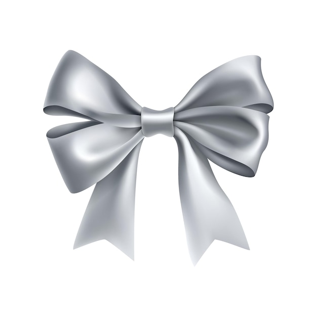 Romantic silver ribbon bow isolated on white background Realistic decoration for holidays events Glossy decor object from satin vector illustration Wedding or valentines day decoration element