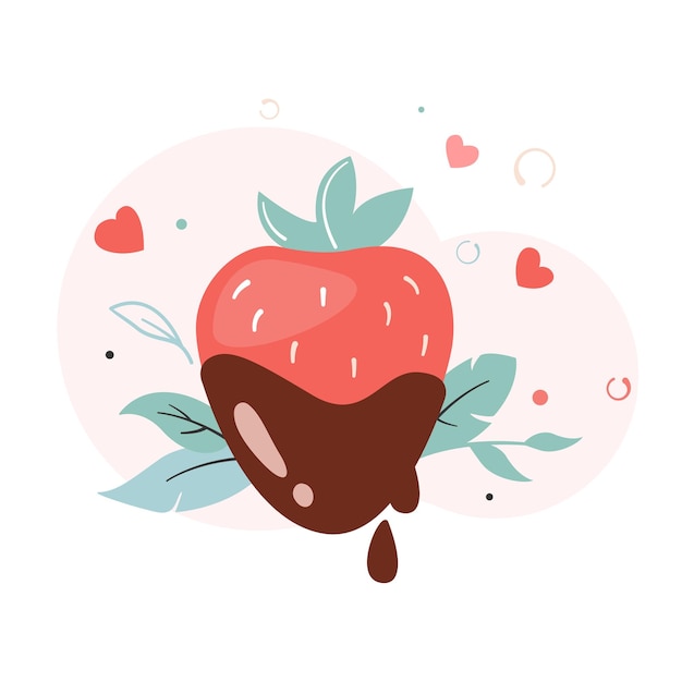 Romantic strawberries in dark chocolate. Vector illustration for sticker, flyer, invitation, poster