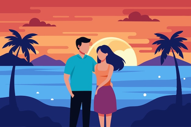 Romantic Sunset Beach Illustration Couple by the Ocean