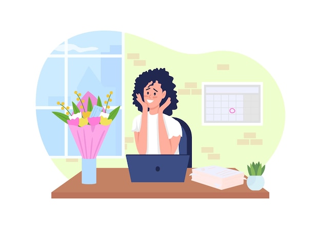 Vector romantic surprise 2d . happy woman at working desk flat