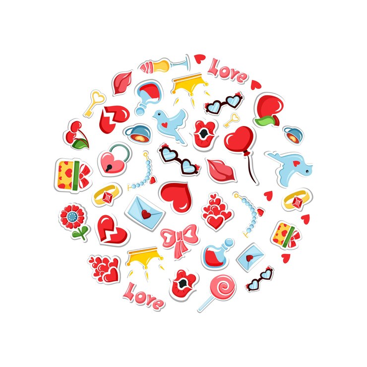 Romantic symbols bows hearts lovely flowers and envelope lips present boxes Vector colored romantic icons in circle shape for valentine day celebration